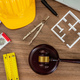Construction and Labor law flat lay. Judge gavel and design tools on table - PhotoDune Item for Sale