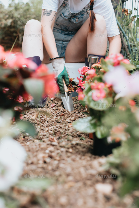 Close up image of a hand preparing the ground soil to plant flowers on