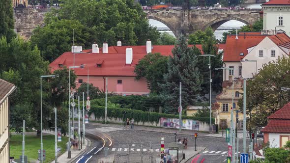 Aerial View of the Old Town Pier Architecture and Charles Bridge Over Vltava River Timelapse in alt