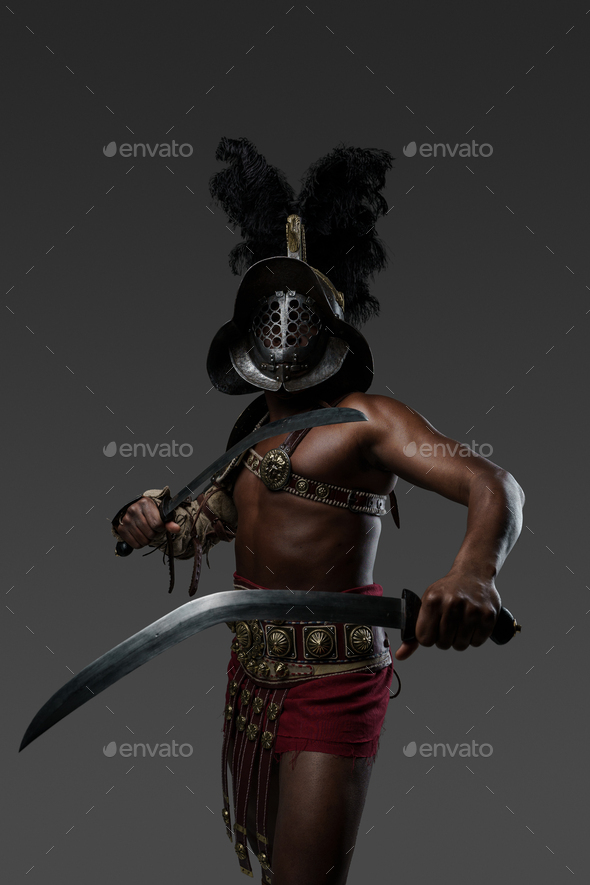 Naked Roman Gladiator With Two Swords And Plumed Helmet Stock Photo By Fxquadro