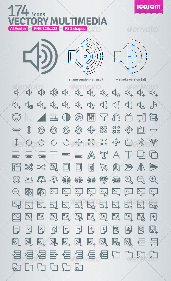 174 AI and PSD Multimedia Outline Icons - Web Icons