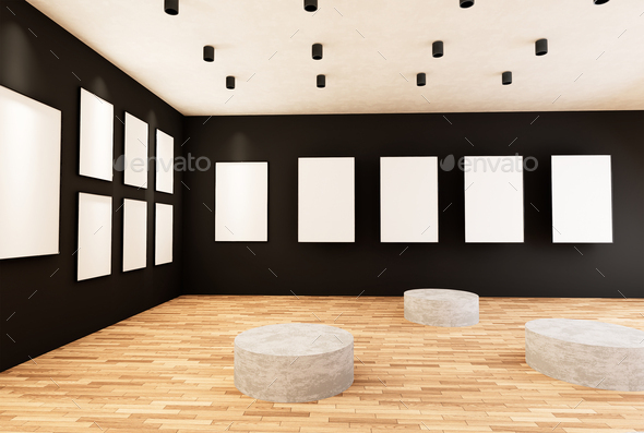Empty room interior with white canvas in the gallery.