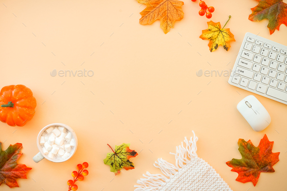 Autumn office workspace. Autumn flat lay background. Stock Photo by Nadianb