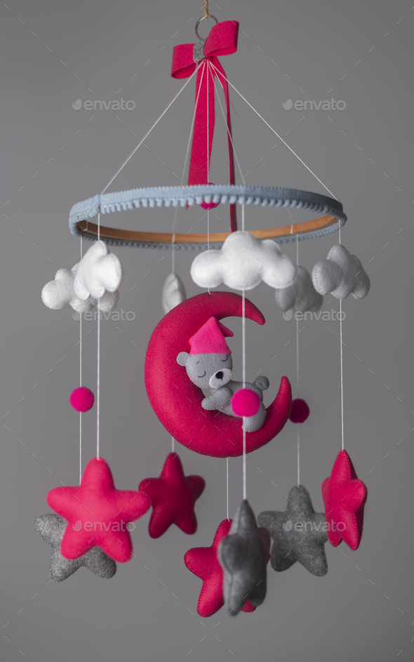 Baby crib hangings, Felt cot mobile with stuffed soft stars clouds and moon with sleeping teddy