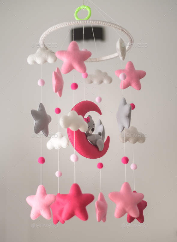 Baby crib hangings, Felt cot mobile with soft plushie stars clouds and moon with sleeping teddy