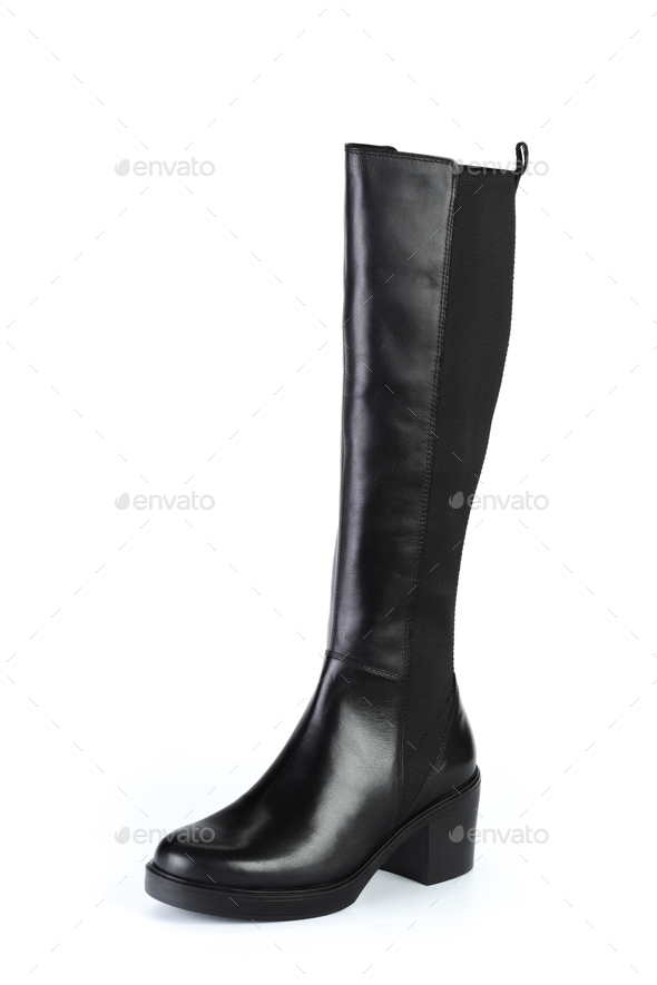 Woman high knee leather boots isolated on white background