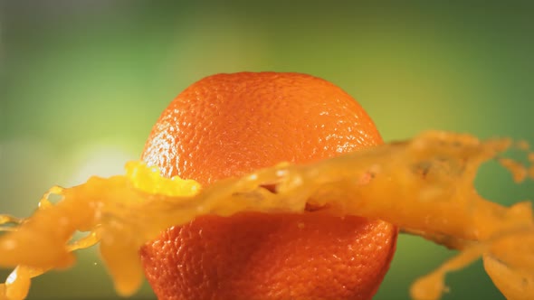 Fresh Orange Fruit Squirting and Burst with Juice in Slow Motion in Green Nature Background alt