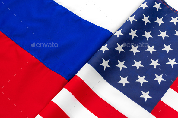 Usa american flag and Russian flag together background - Stock Photo - Images
