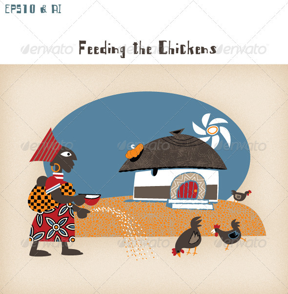 African Hut with Woman, Chickens & Sunshine - Travel Conceptual