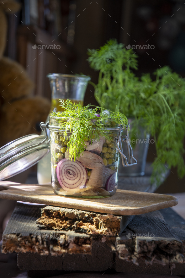 appetizer of herring with onions marinated in mustard-vinegar sauce, recipe