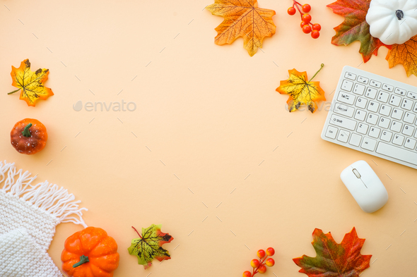 Autumn office workspace. Autumn flat lay background. Stock Photo by Nadianb