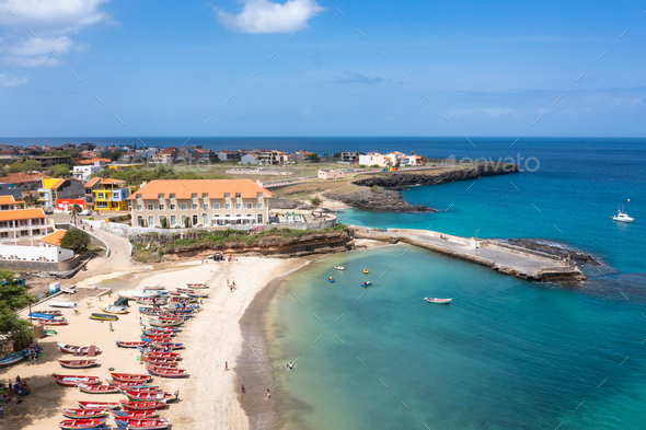 Aerial view of Tarrafal beach in Santiago island in Cape Verde - Cabo Verde - Stock Photo - Images