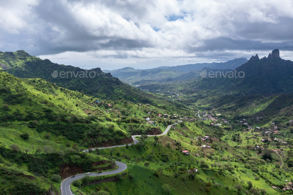 Mountainous green Santiago Island landscape in rain season in Cape Verde - Stock Photo - Images