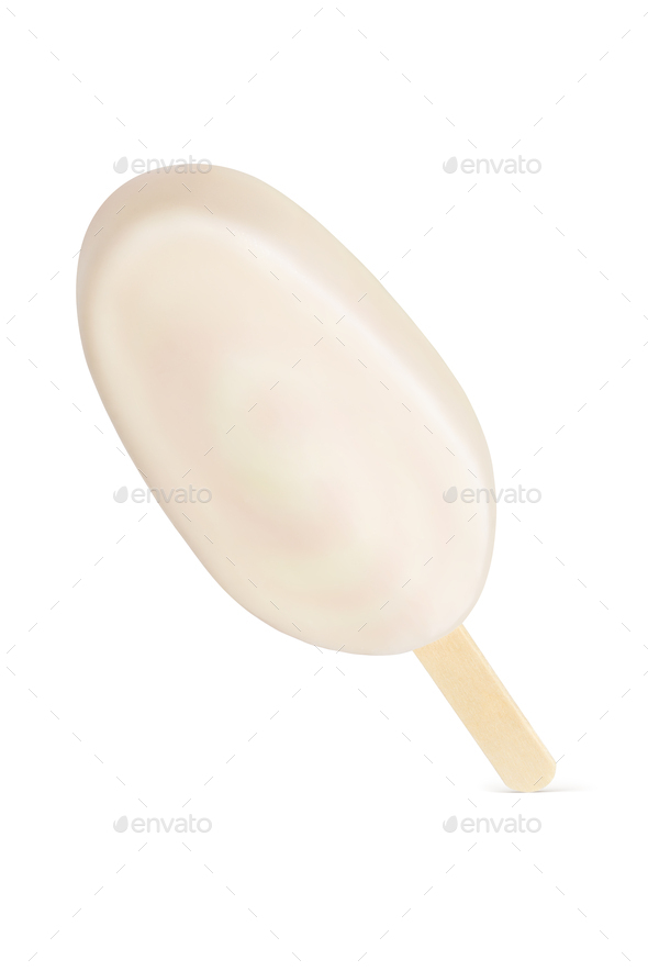 Popsicle ice cream bar with white coating isolated on white. Stock