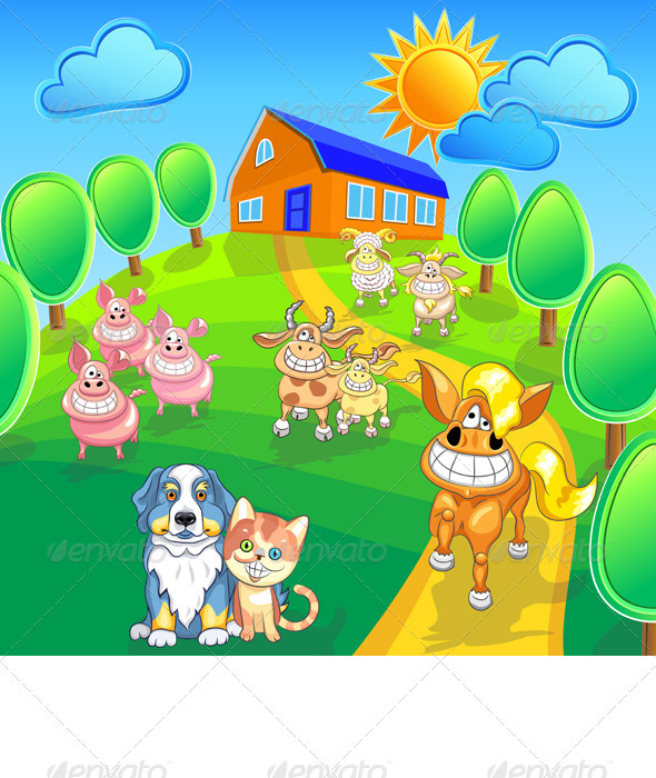 Vector Set Funny Cartoon Farm Animals - Animals Characters