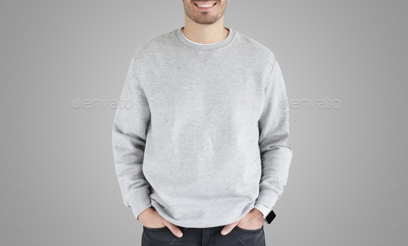 No face photo mock up of man in gray sweatshirt, standing isolated on gray background