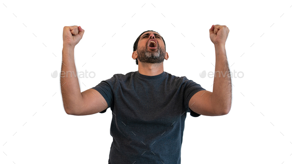 Man doing winner gesture isolated on white background. Happy person gesturing