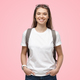 Smiling girl wearing white t-shirt and backpack, isolated on pink - PhotoDune Item for Sale
