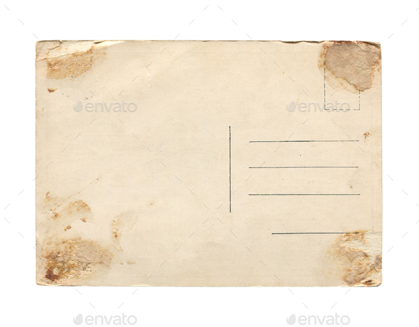 vintage aged empty paper postcard texture with faded stamp print and brown stains isolated on white