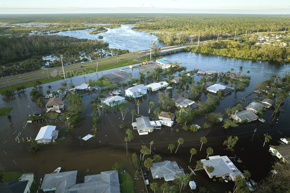 Hurricane Ian flooded houses in Florida residential area. Natural ...