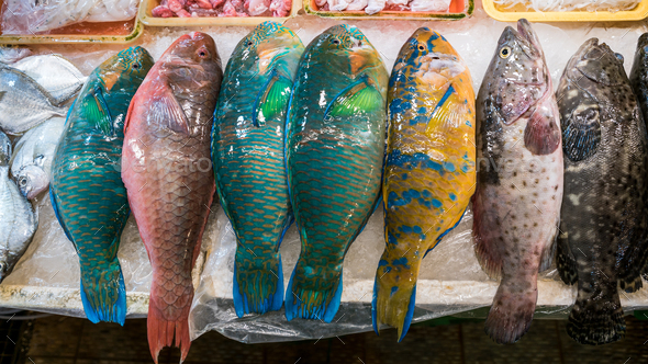 Colorful parrotfish are sold in a popular marketplace with traditional food.