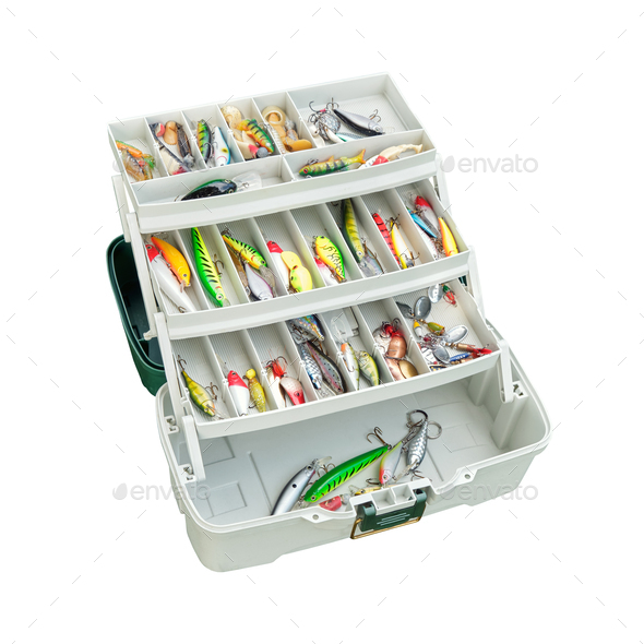 Colorful fishing lures in open fishermans tackle box isolated on