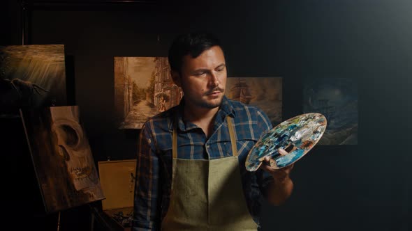 Portrait Talanted Artist Palette His Hands After Finishing New Masterpiece Oil Painting alt