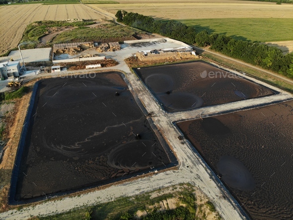Modern biocomplex. Renewable energy from biomass. Innovative biogas plant. From a drone.