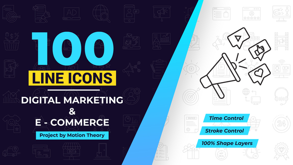 100 Digital Marketing Line Icons