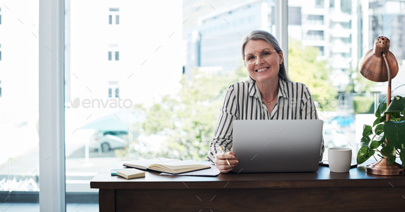 I am the silver lining. Portrait of a mature businesswoman using her laptop in a modern office.