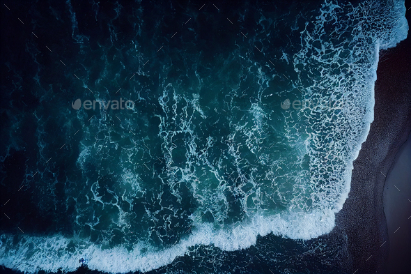 Aerial drone view with of crashing waves in crystal ocean. Top view. Blue  clean wavy sea water.Blue
