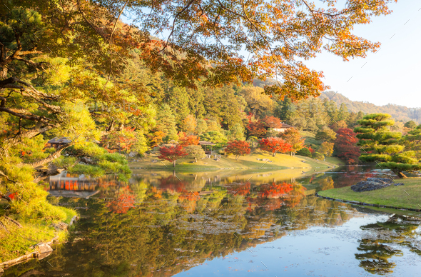 Yokuryuchi Pond of Shugakuin Imperial Villa in Autumn, Kyoto, Japan