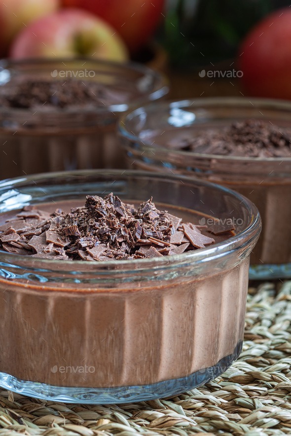 Chocolate Panna Cotta dessert in glass ramekin, harvest low key