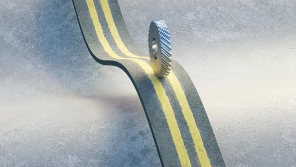 Satisfying looped animation of gear rolling on asphalt road. Realistic animation render alt