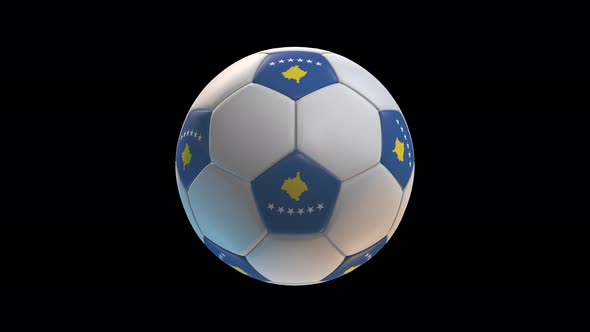 Soccer ball with flag Kosovo, on black background loop alpha