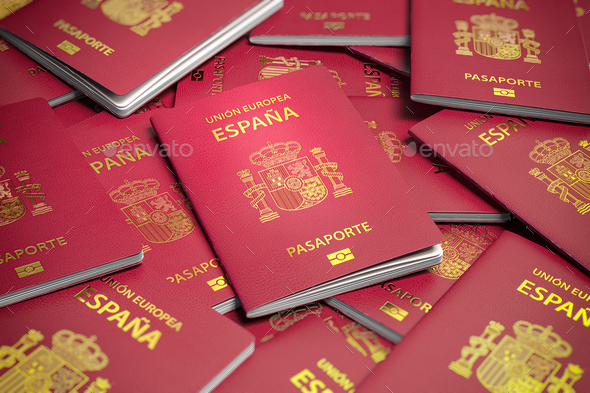 Heap of Spain passports. Immigration, citizenship, travel and tourism concept.