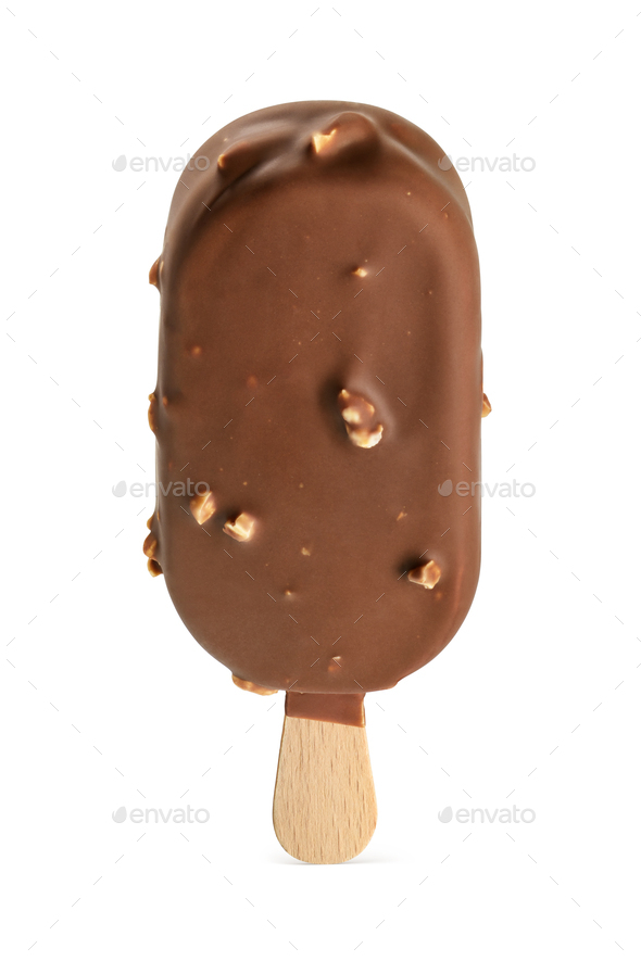 Popsicle ice cream bar with chocolate coating and nuts isolated on