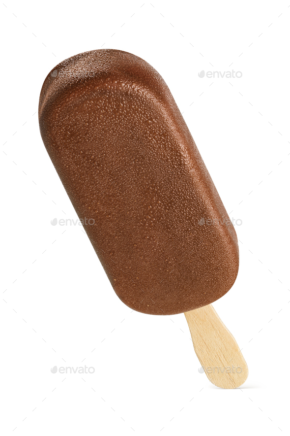 Popsicle ice cream bar with chocolate coating isolated on white. Stock