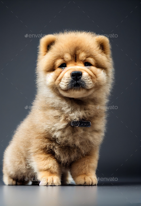 Tiny cute adorable chow chow puppy,with black background, studio lighting. Adopt a puppy, pure breed