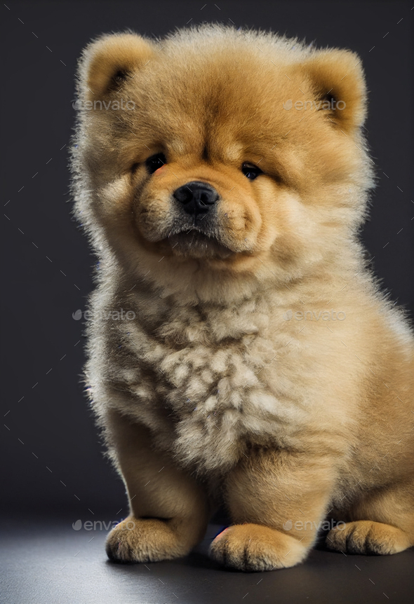 Tiny cute adorable chow chow puppy,with black background, studio lighting. Adopt a puppy, pure breed