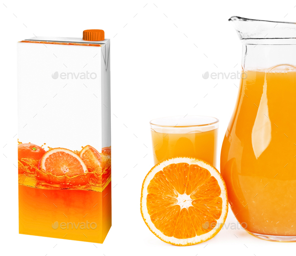 Fresh orange juice in a glass and carton box