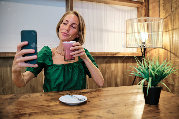 adult woman drinking healthy smoothie for social media platforms