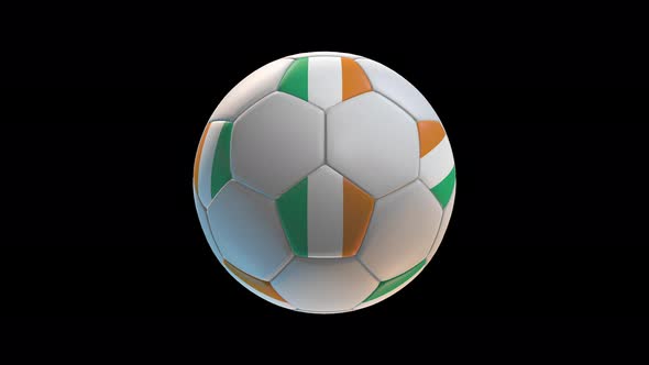 Soccer ball with flag Ivory Coast, on black background loop alpha