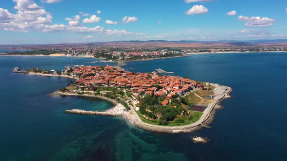 Aerial view to Nessebar city. Sea town of Bulgarian Black Sea coast