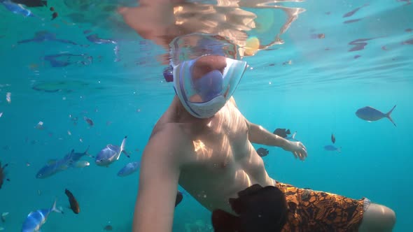 Snorkeling Near a Tropical Island. Young Man Swims in the Water. Sea Vacation. alt