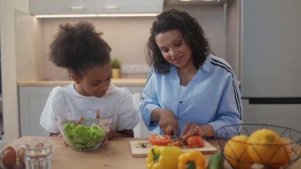 Handheld Cheerful Mother and Daughter Prepare Salad in the Kitchen Family Day African Girl Helps Her alt