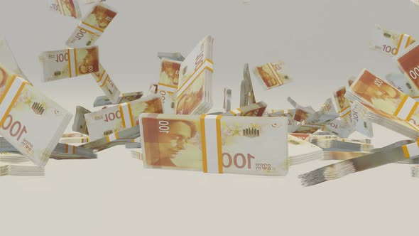 Many wads of money falling on table. 100 Israeli Shekel banknotes. Stacks of money. alt