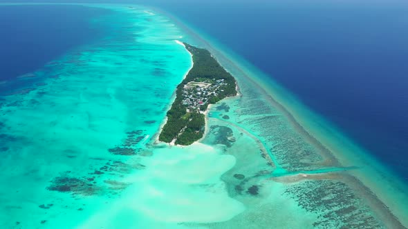 Aerial drone shot abstract of exotic seashore beach trip by shallow ocean and white sandy background alt