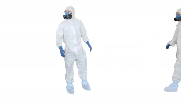 Disinfection Needed Doctor in Protective Uniform Calls His Colleagues for Help on White Background alt