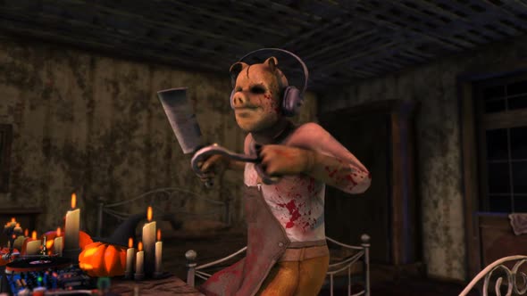 Butcher psycho killer djing in a party in a haunted house alt